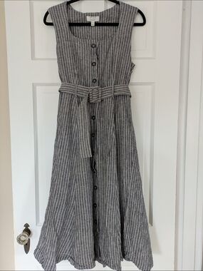 Banana Republic Gray Blue Striped Linen Blend Belted Dress Sz 10
